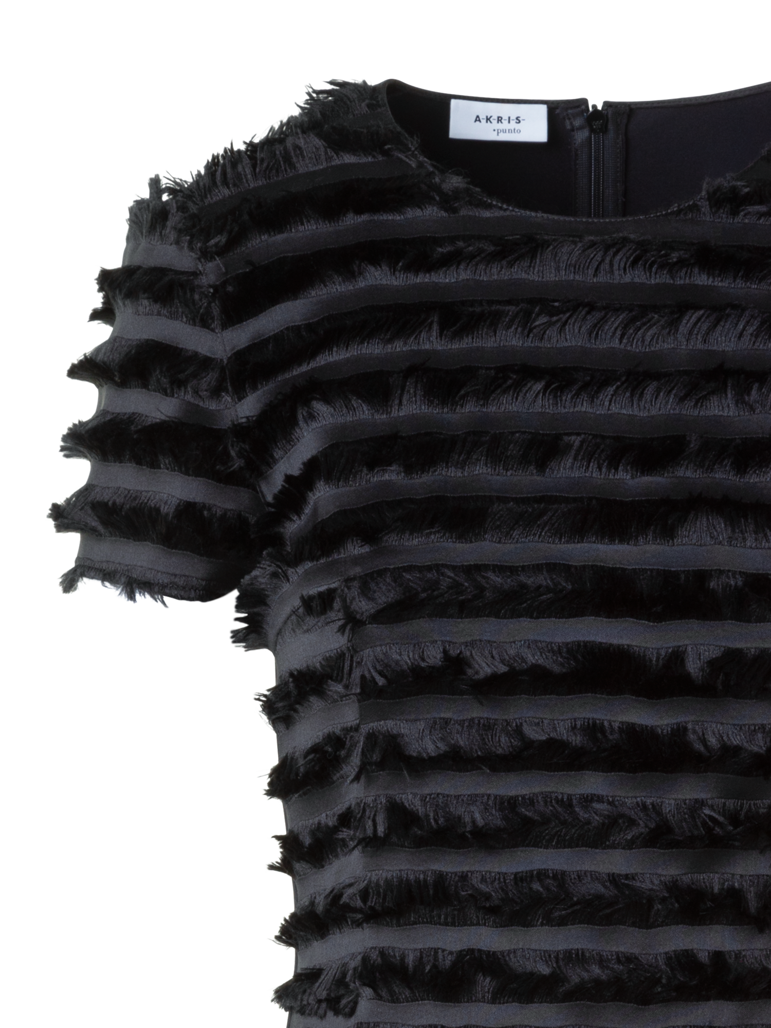 Designer Fitted Short Sleeve Top with Fringe Stripes - black - neutral