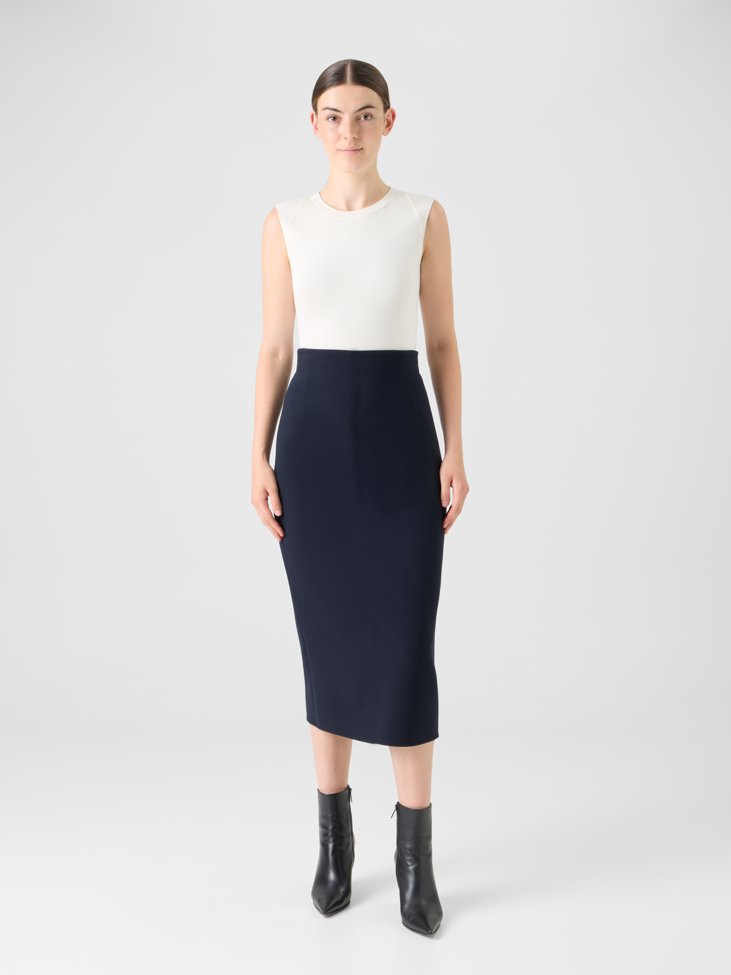 Designer Wool Bi-Stretch Double-Face Midi Pencil Skirt - black 