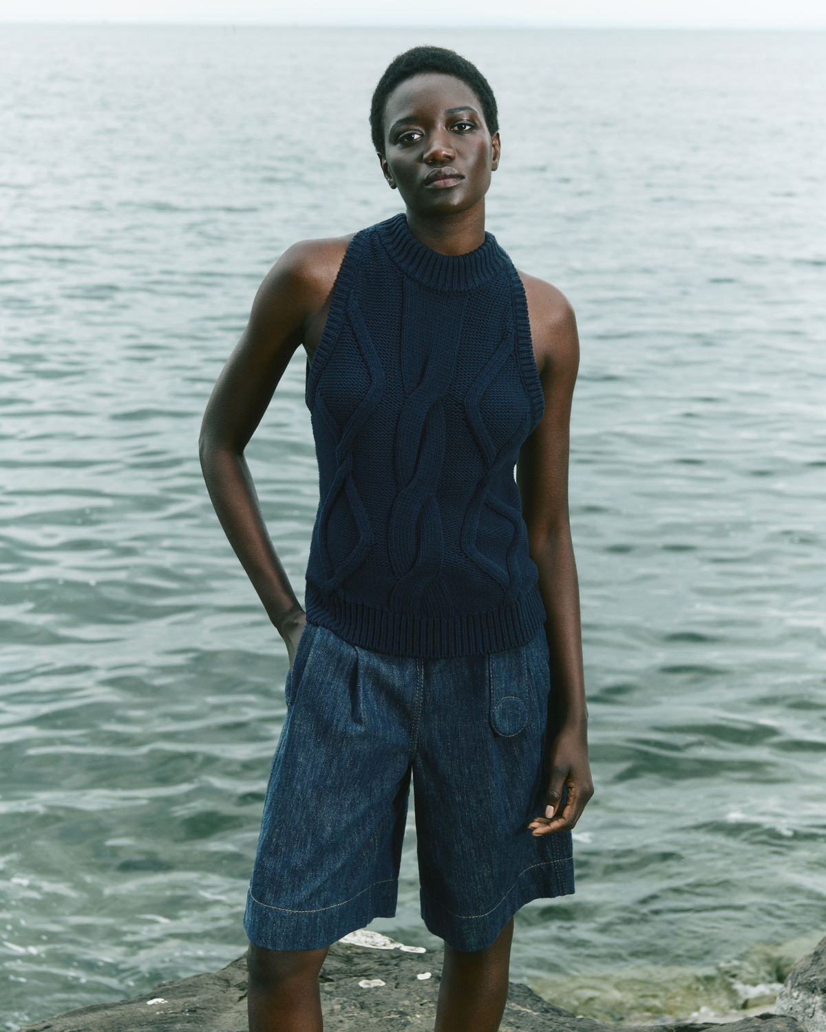 Designer Sleeveless Top in Chunky Cotton Cable Knit - navy - blue #editorial