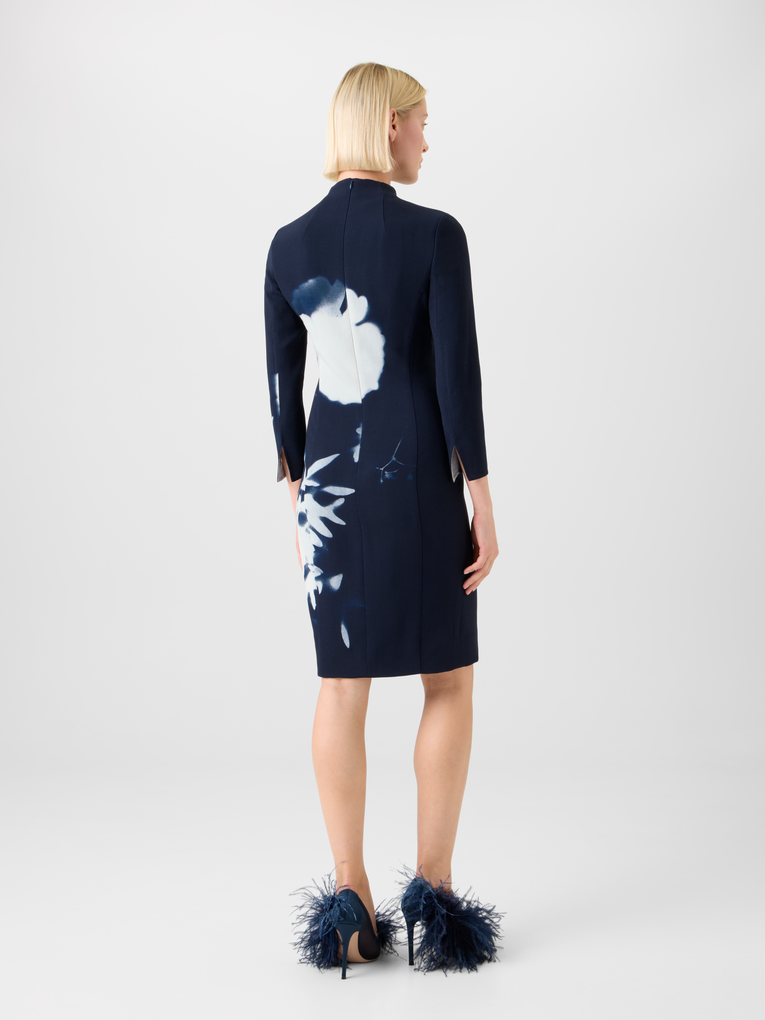 Designer Short Wool Mock Neck Dress in Wildflower Print - neutral - navy - blue - multicolor 