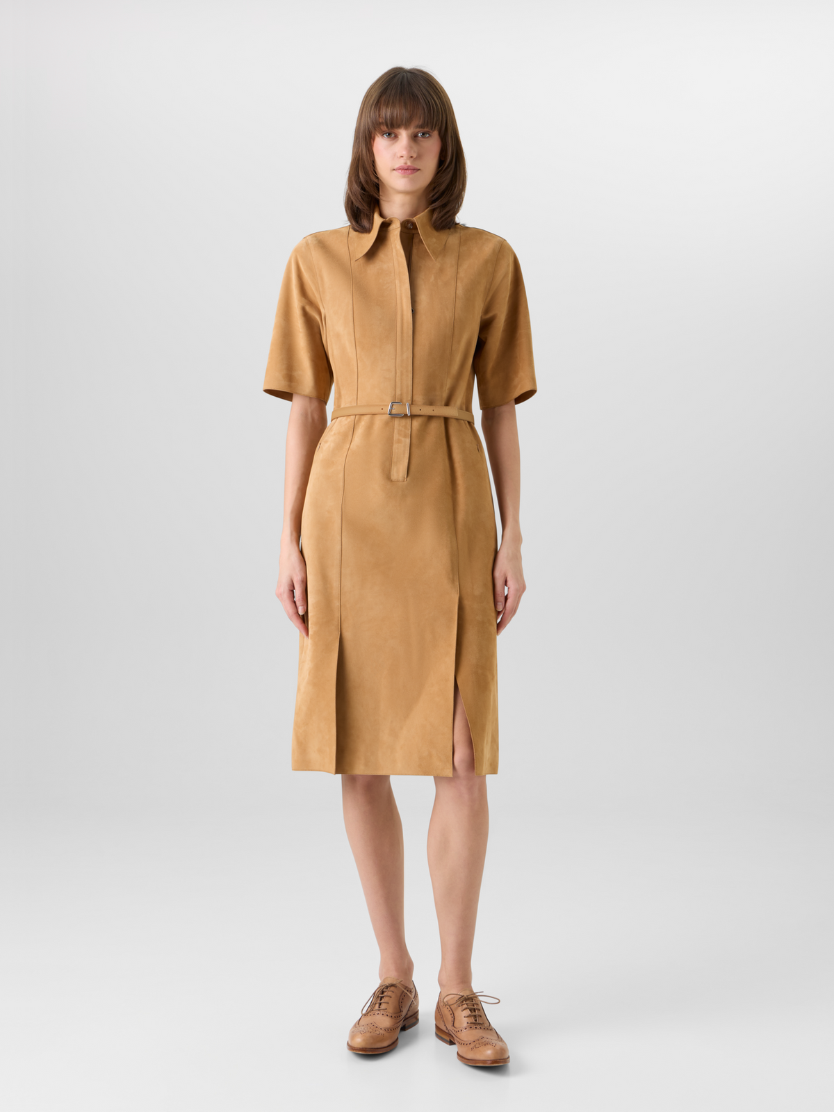 Designer Short-Sleeve Suede Shirt Dress - neutral #editorial