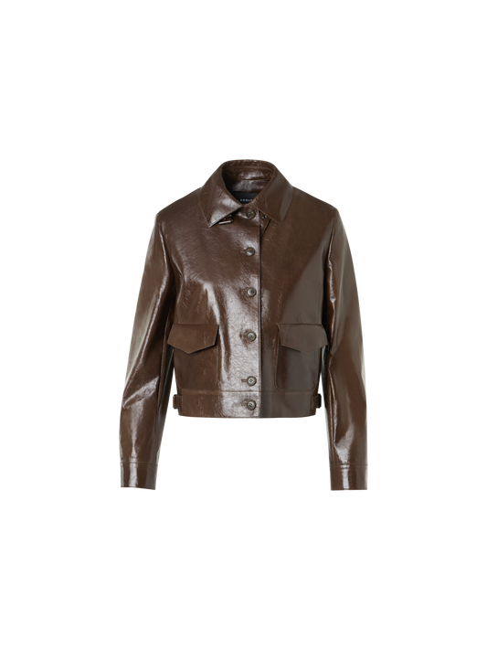 Designer Lacquered Leather Short Jacket - brown