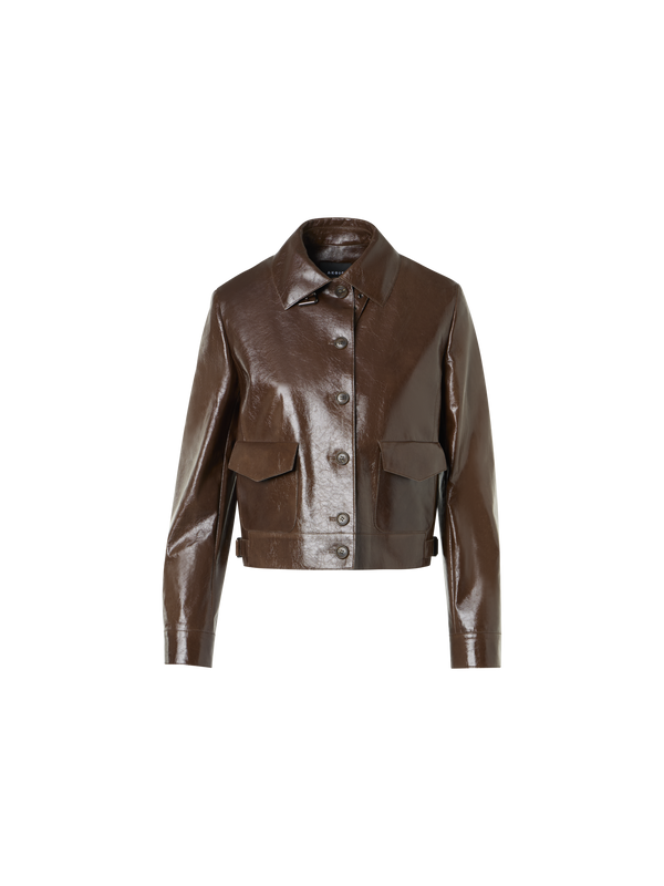 Designer Lacquered Leather Short Jacket - brown