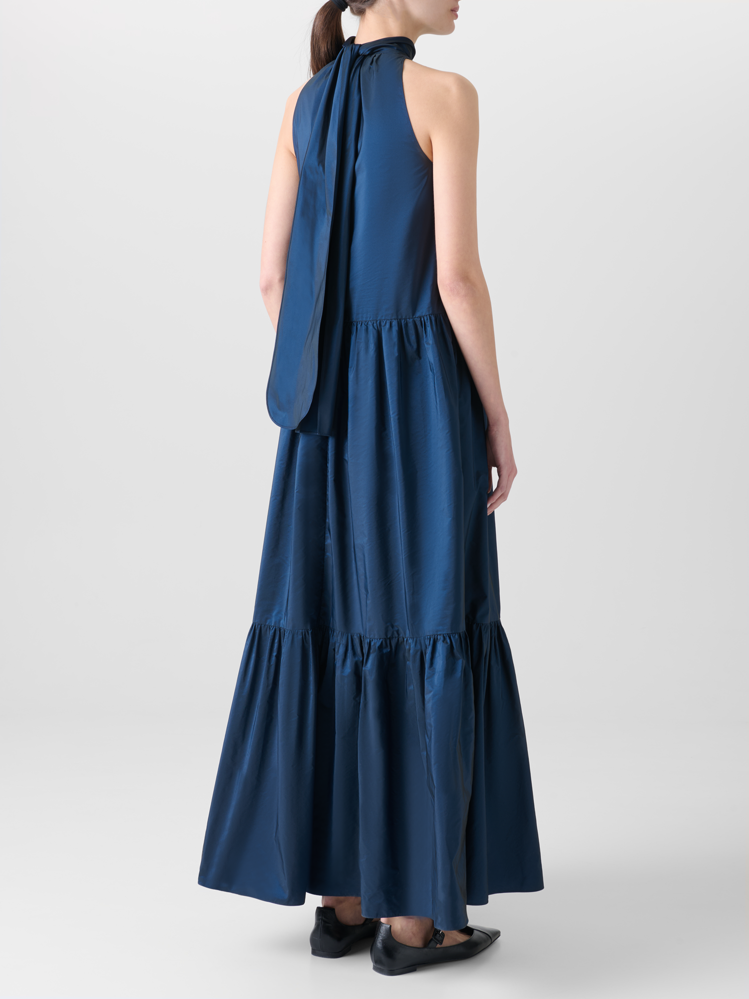 Designer Halter Maxi Dress in Tiered Techno Taffeta - neutral - navy - blue 