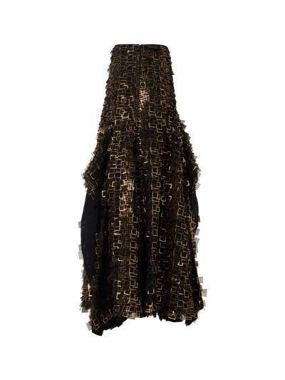 Designer Asymmetrical Maxi Skirt in Golden Frame Organza Tiles - gold - multicolor - black