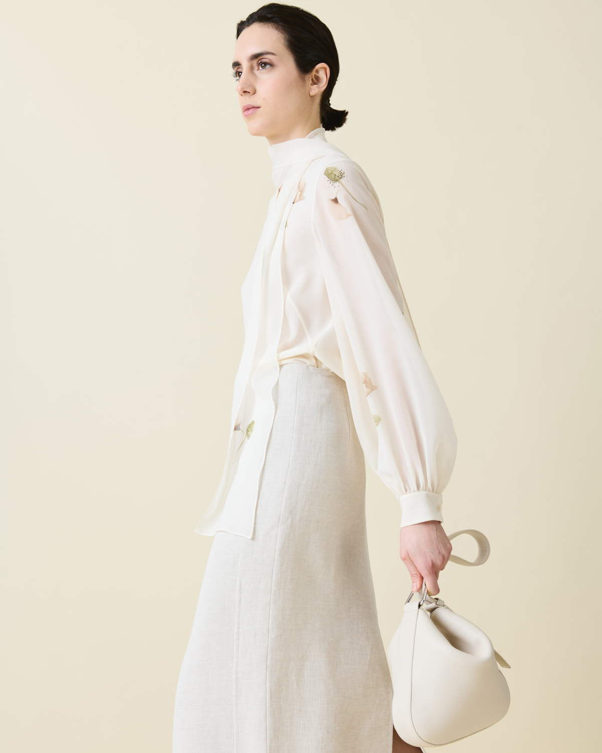 Designer Tie Neck Silk Blouse with Anemone Print - neutral - pastel - multicolor - ecru - white #editorial