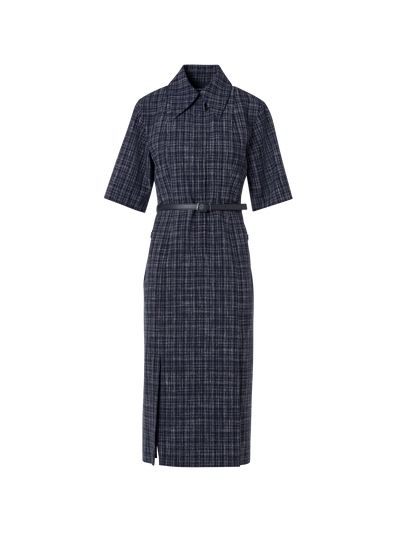 Designer Short-Sleeve Wool-Viscose Tweed Shirt Dress - blue