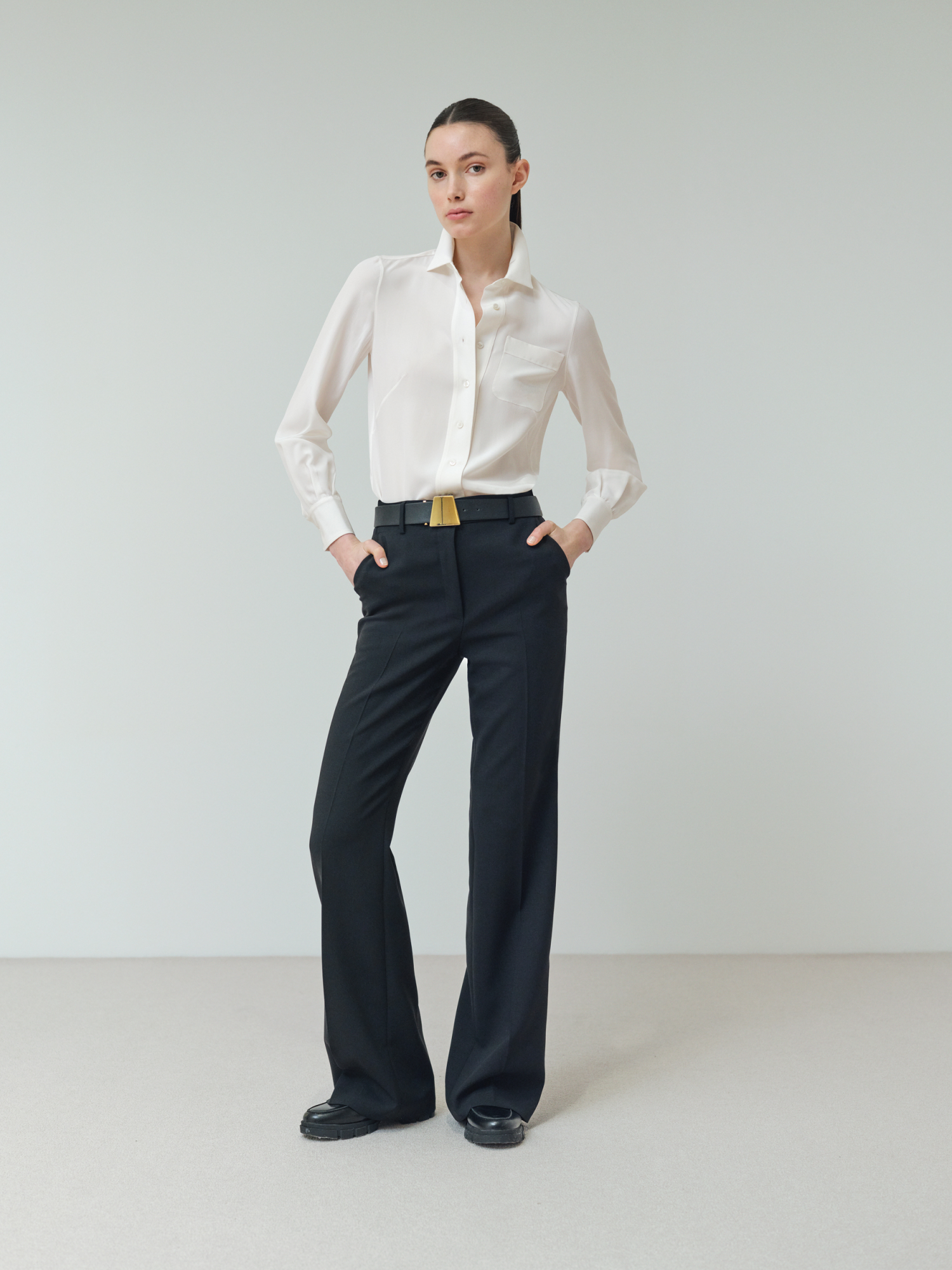 Designer Wide Straight Wool Stretch Double-Face Pants - black - neutral 