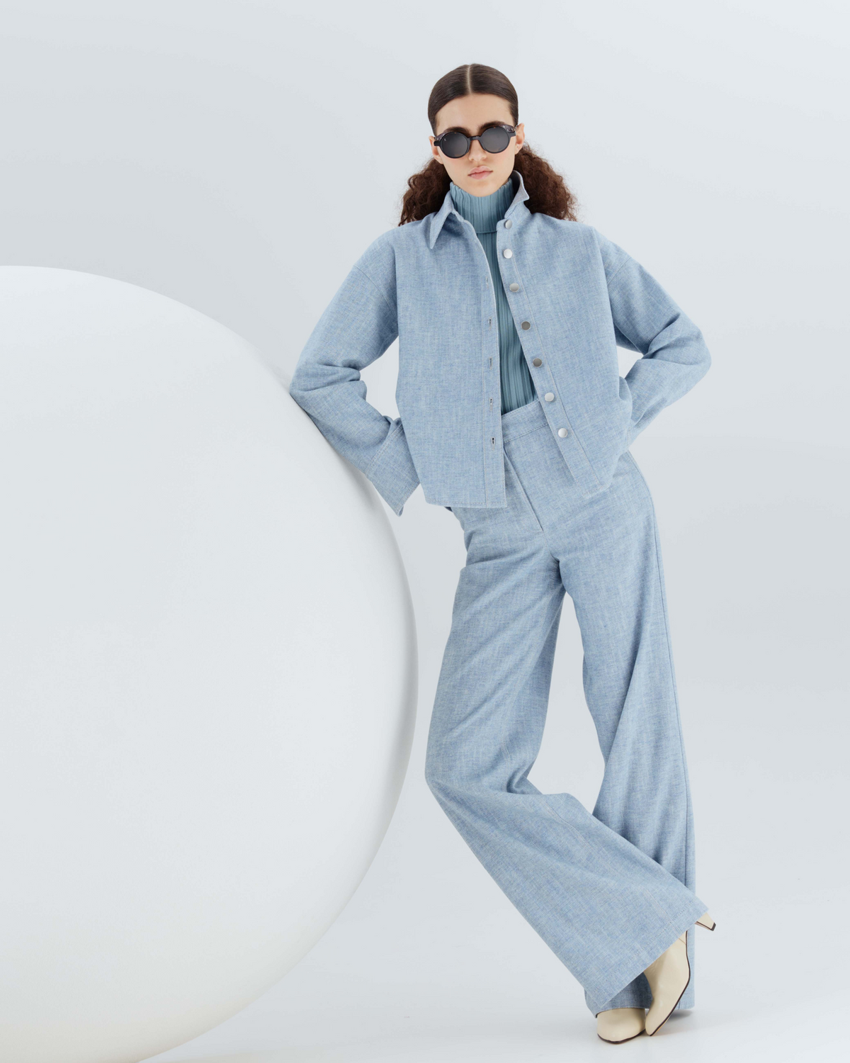 Designer High Rise Wide Leg Pants in Brushed Winter Denim - blue 