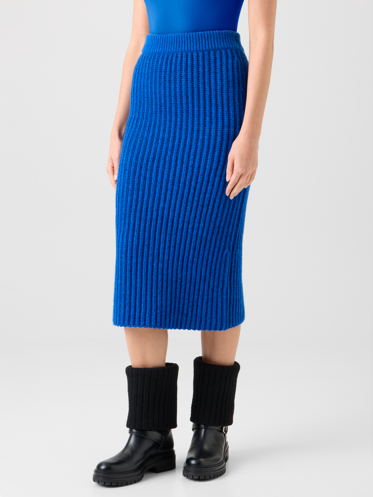 Designer Fitted Cashmere Chunky Rib Knit Tube Skirt - blue #editorial