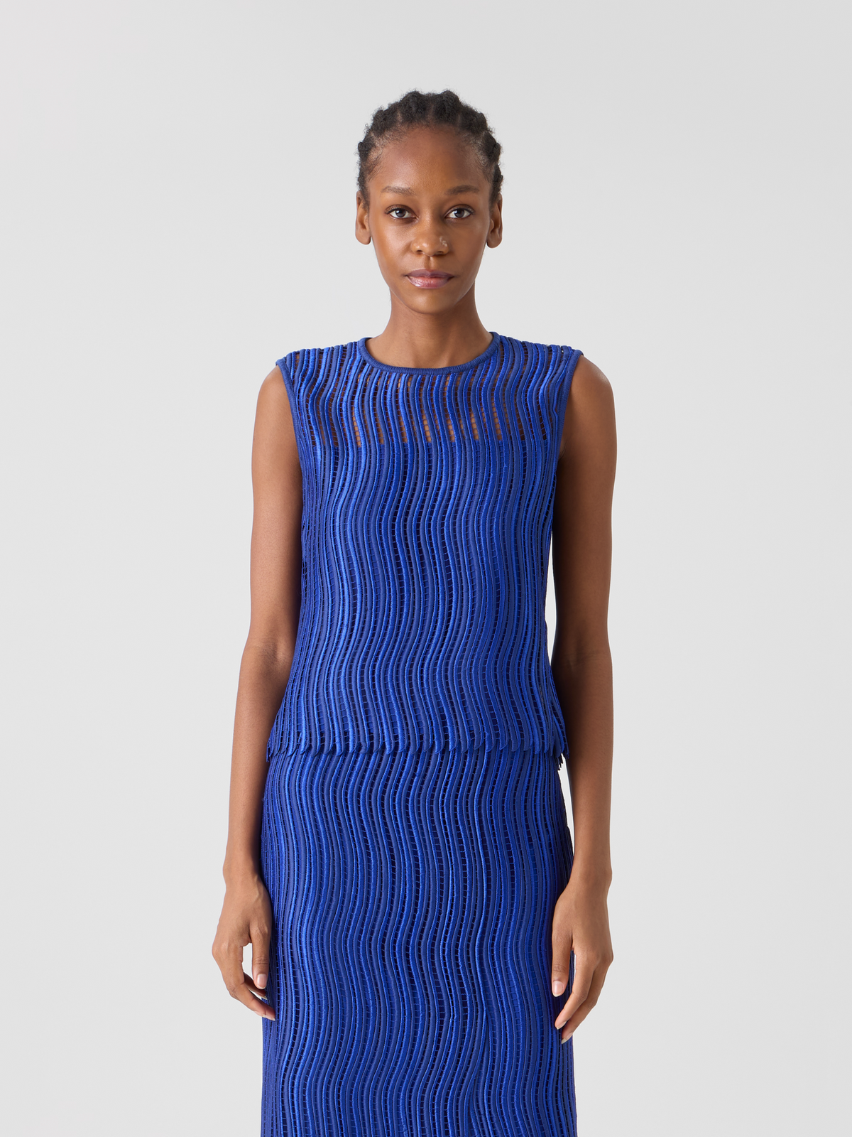 Designer Sleeveless Blouse in Wave Guipure - blue #editorial