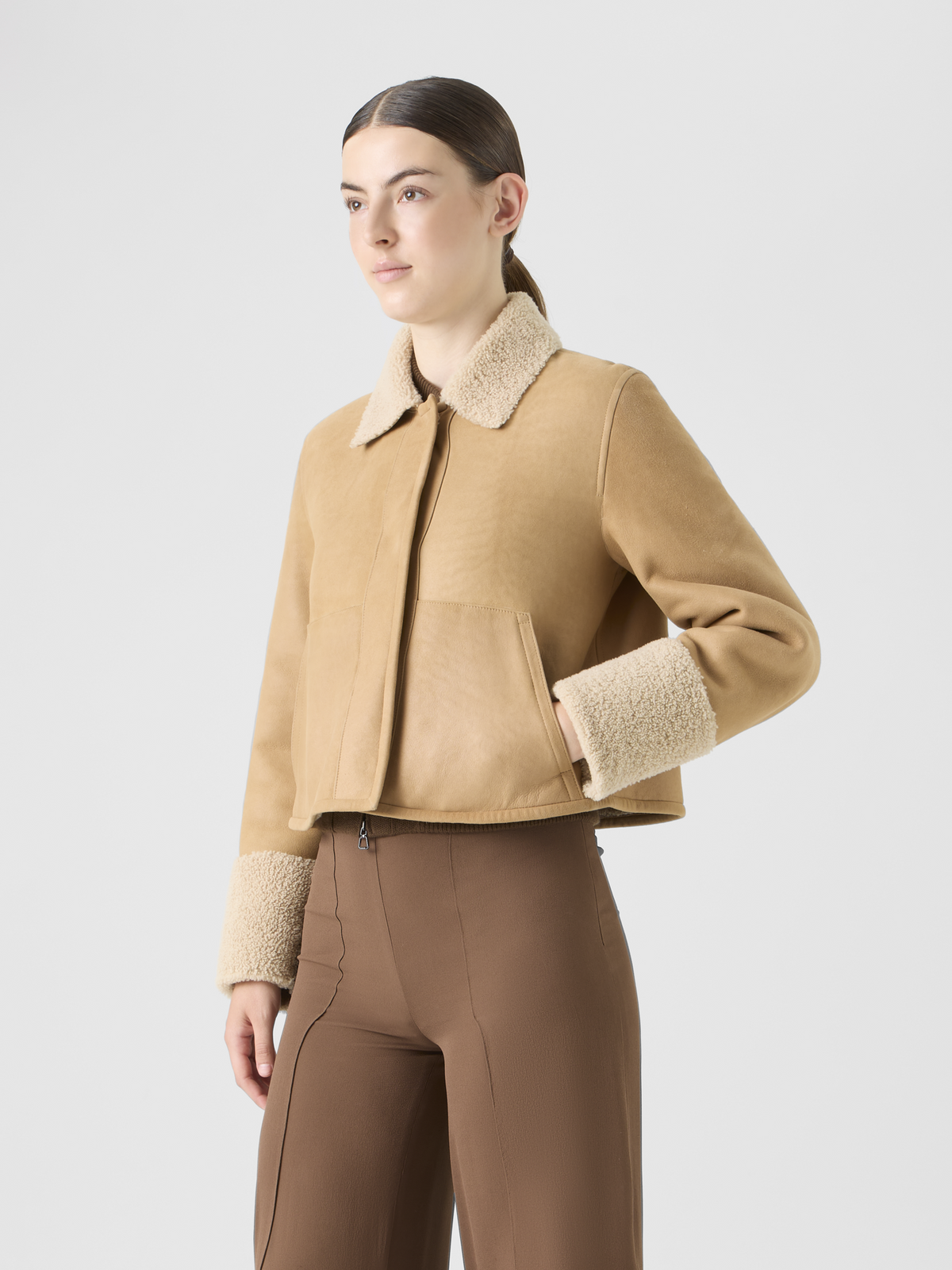Designer Short Shearling Jacket with Fur Collar and Cuffs - beige #editorial