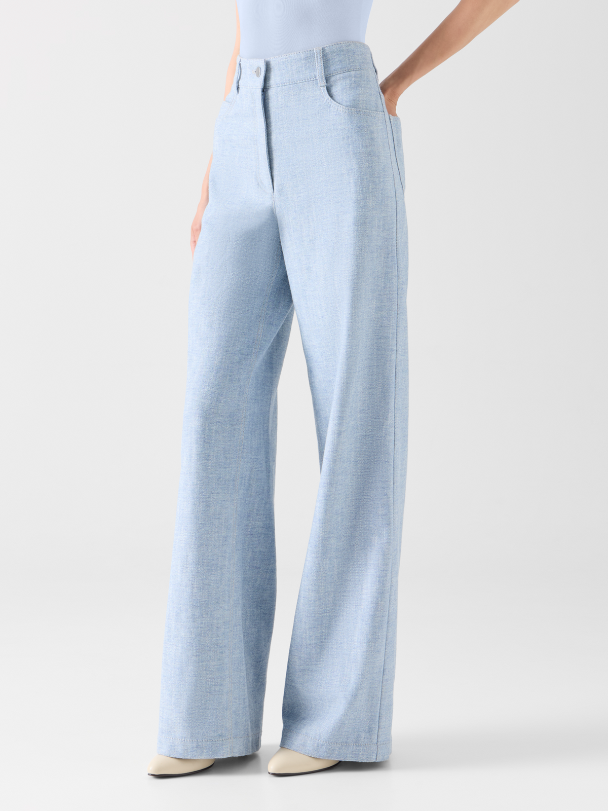 Designer High Rise Wide Leg Pants in Brushed Winter Denim - blue 