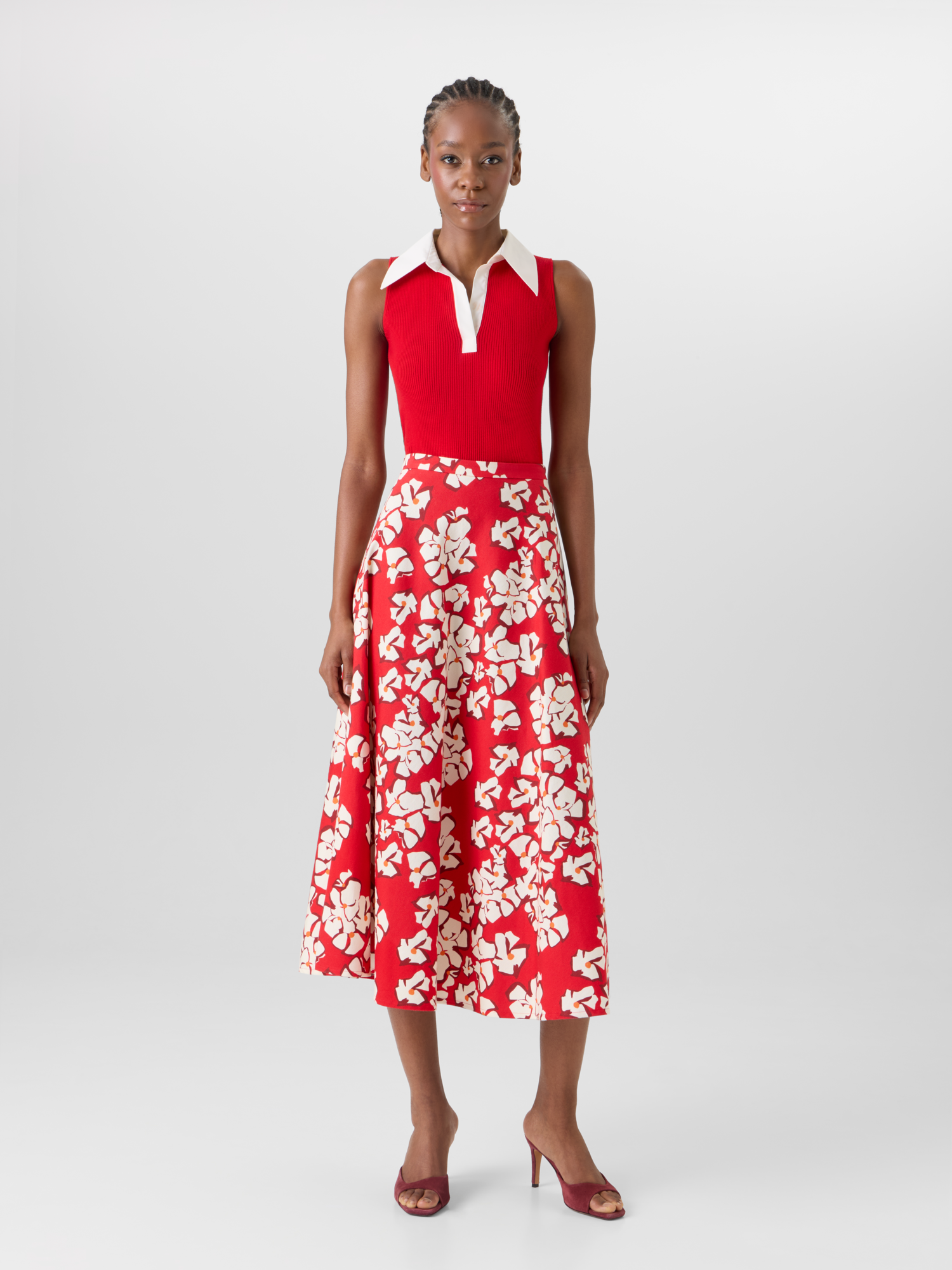 Designer Flared Papercut Flower Midi Skirt - red 