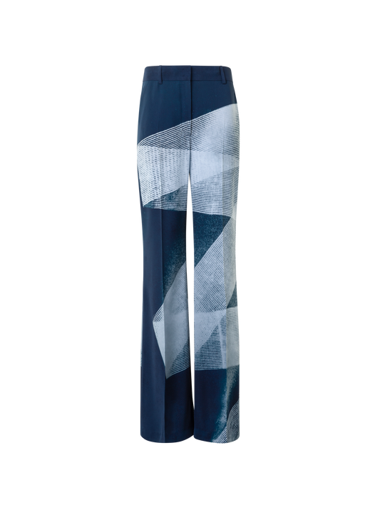 Designer Wide Straight Silk Pants in Zigzag Print - neutral - navy - blue - multicolor
