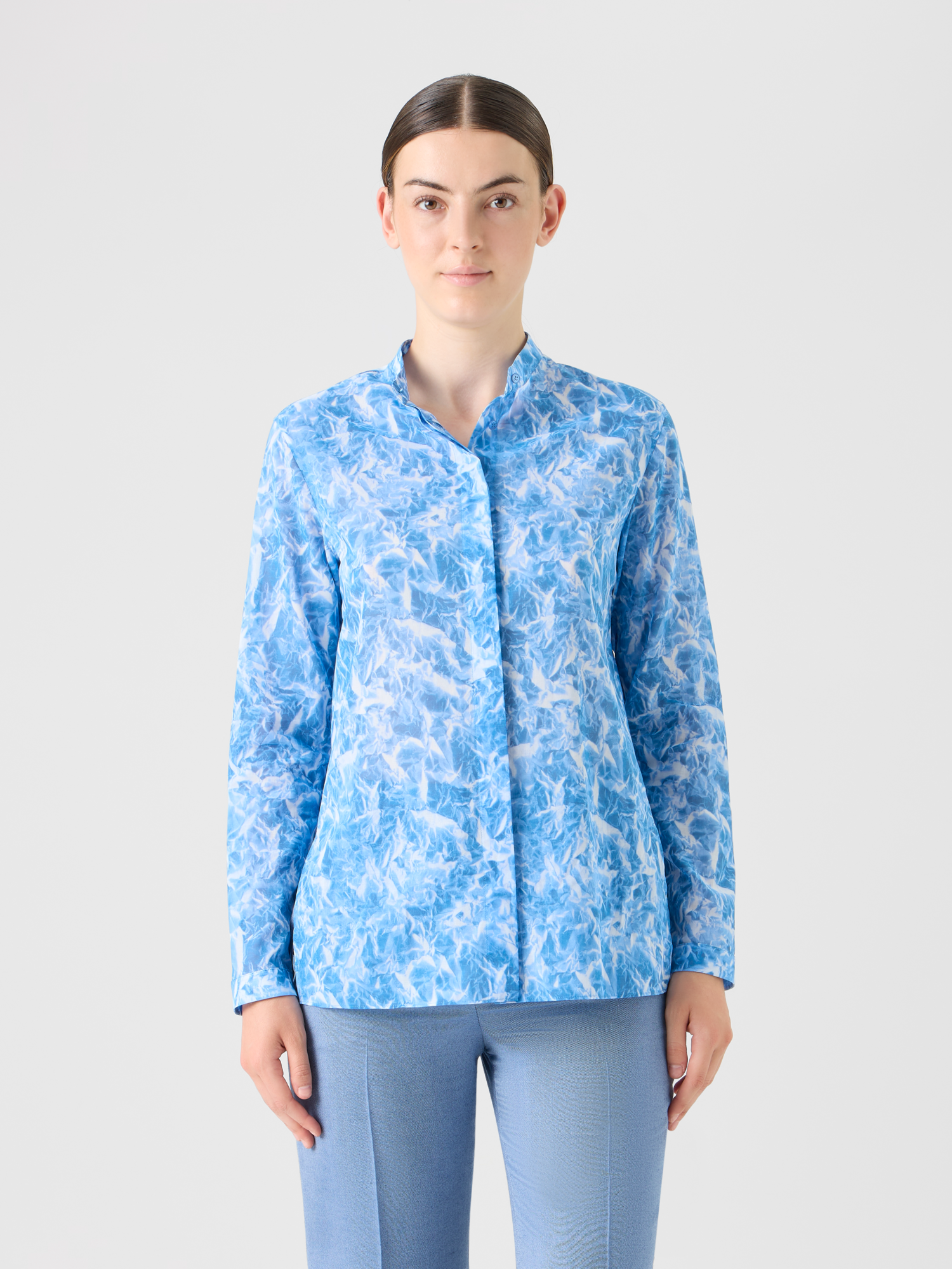 Designer Whitecaps Print Cotton Voile Tunic Blouse - blue 