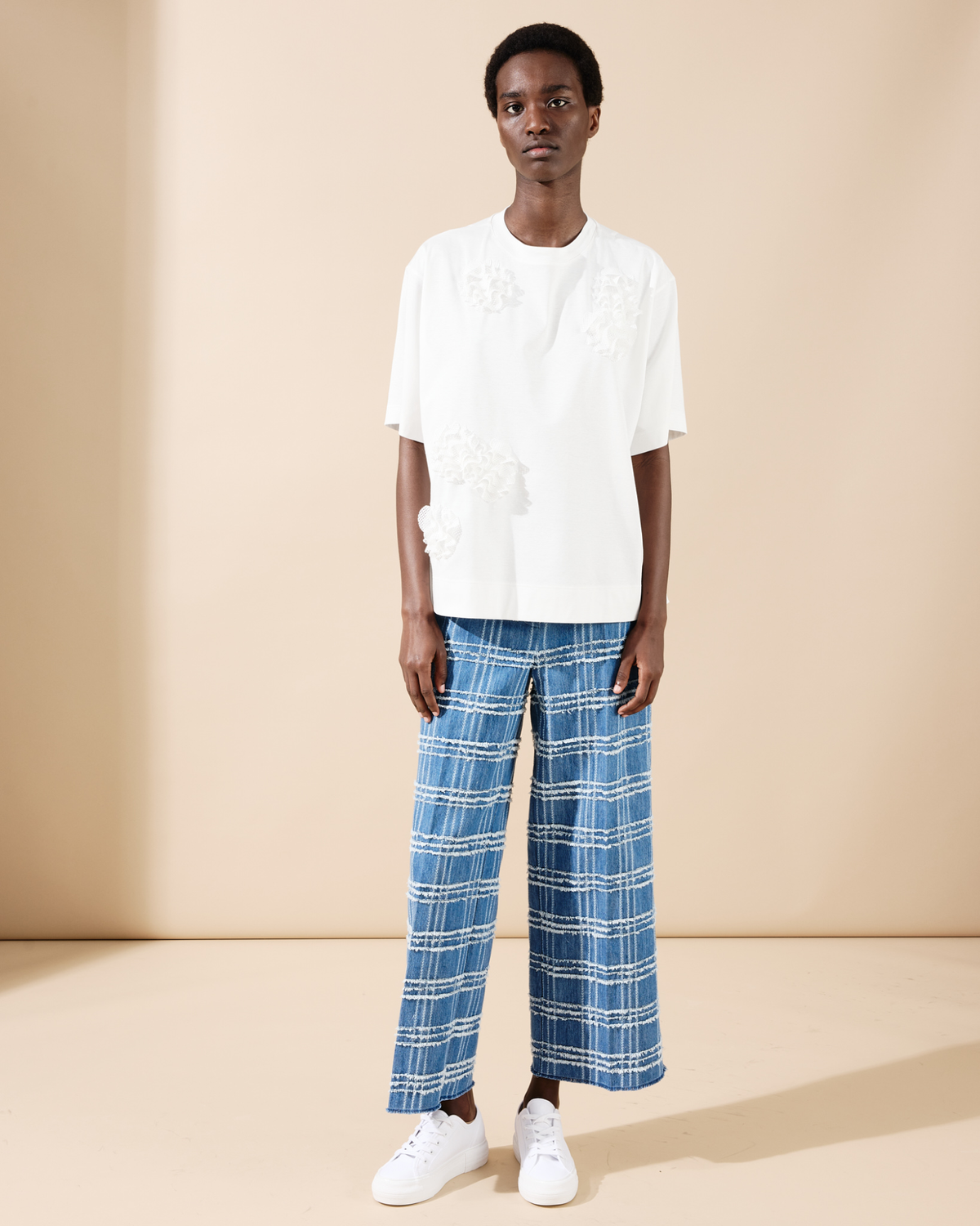 Designer Boxy Cotton T-Shirt with 3D Carnation Detail - neutral - ecru - white #editorial