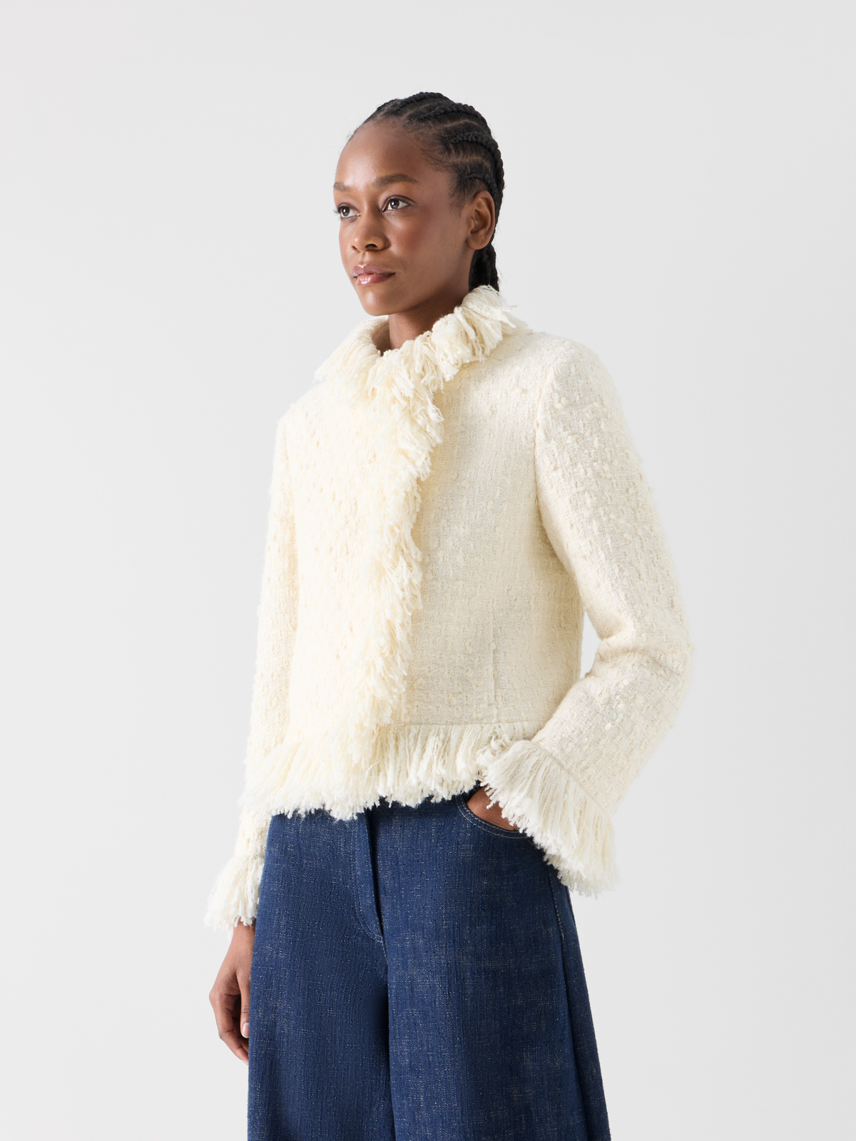 Designer Tweed Jacket with Fringed Edges - ecru 