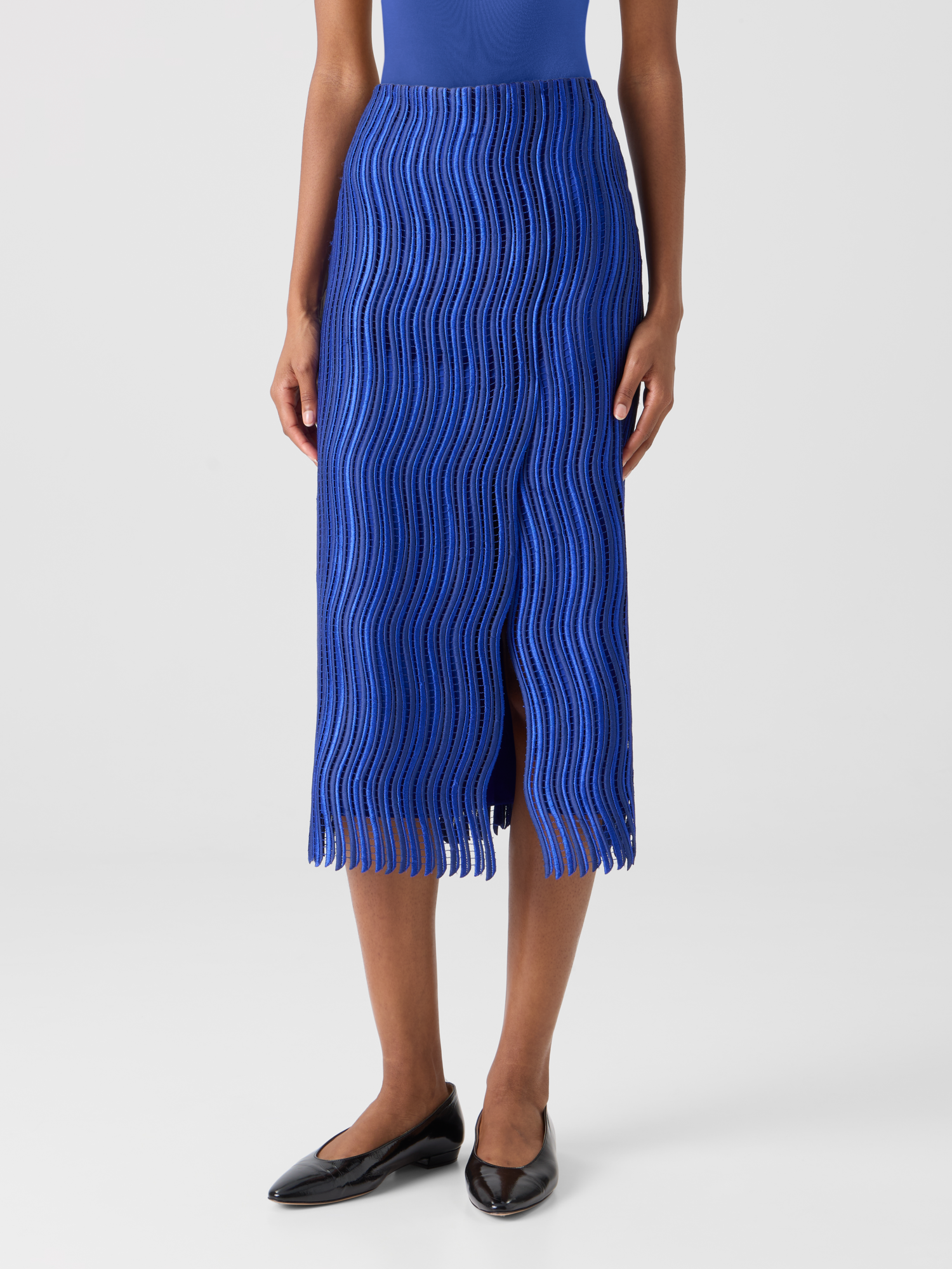 Designer Midi Pencil Skirt in Wave Guipure - blue 