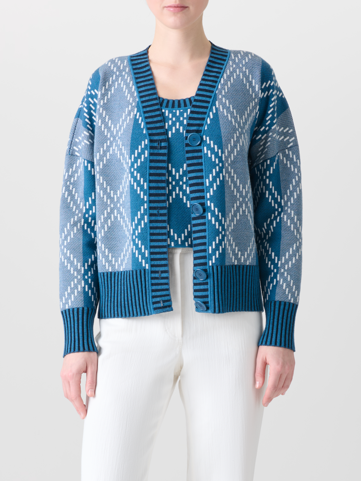 Designer Merino Cardigan with Diamond Jacquard - blue - multicolor #editorial