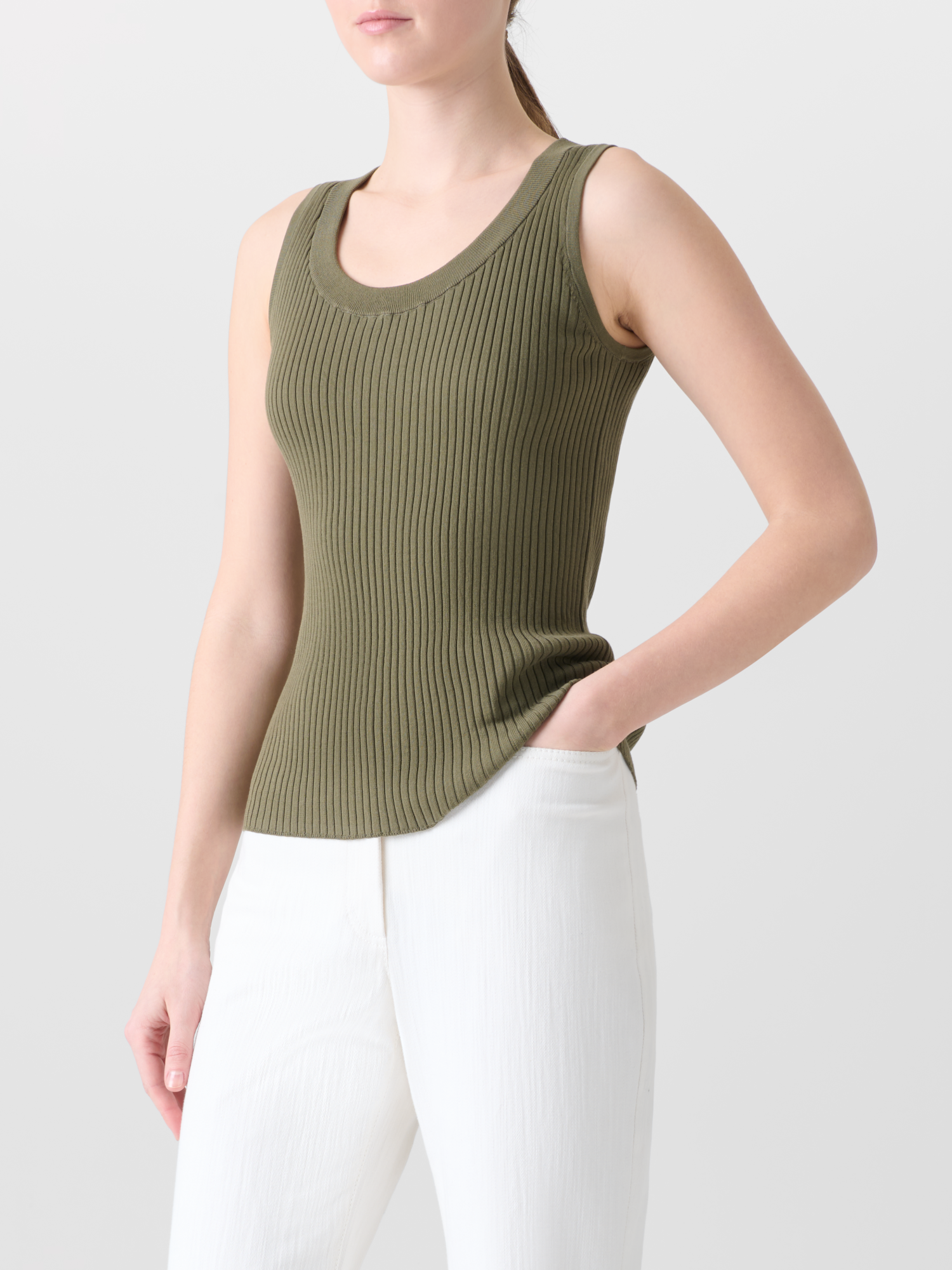 Designer Knit Tank Top in Twisted Cotton Rib - neutral - green 