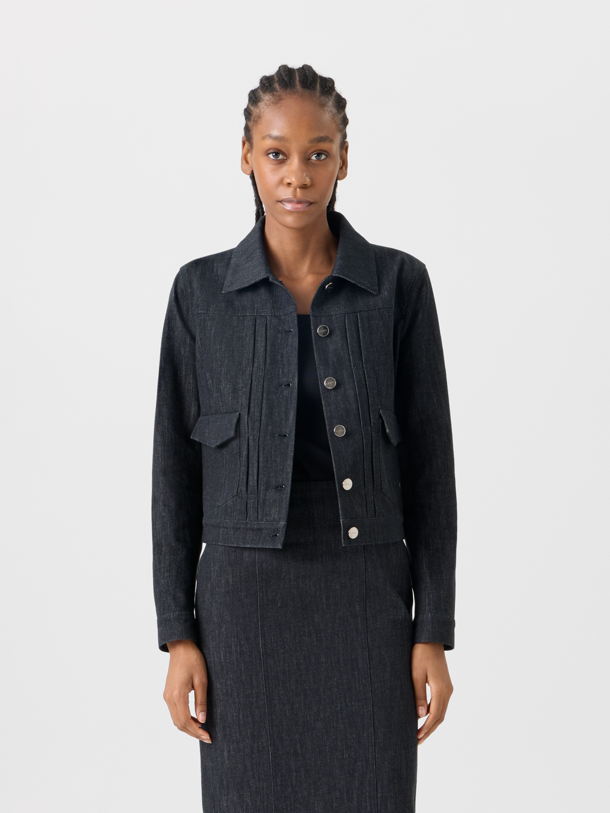 Designer Hilbert Short Cotton Denim Jacket with Patch Pockets - black #editorial