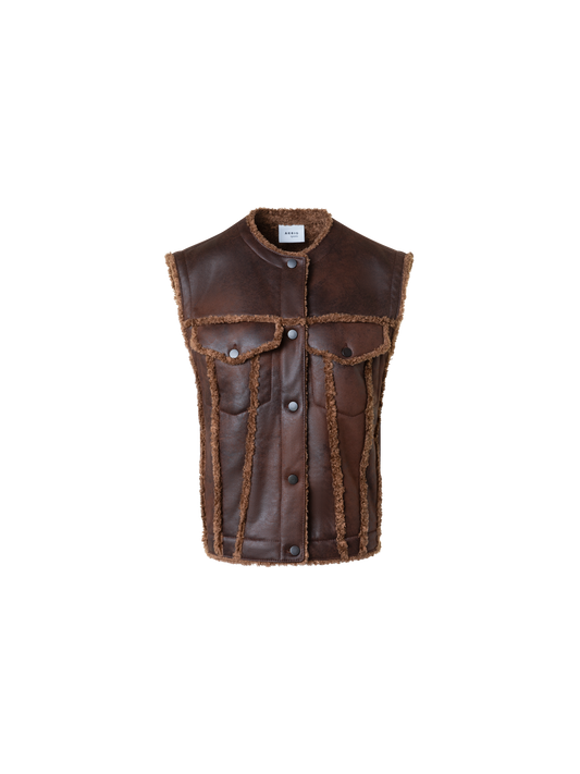 Designer Overized Faux Shearling Biker Gilet - neutral - brown