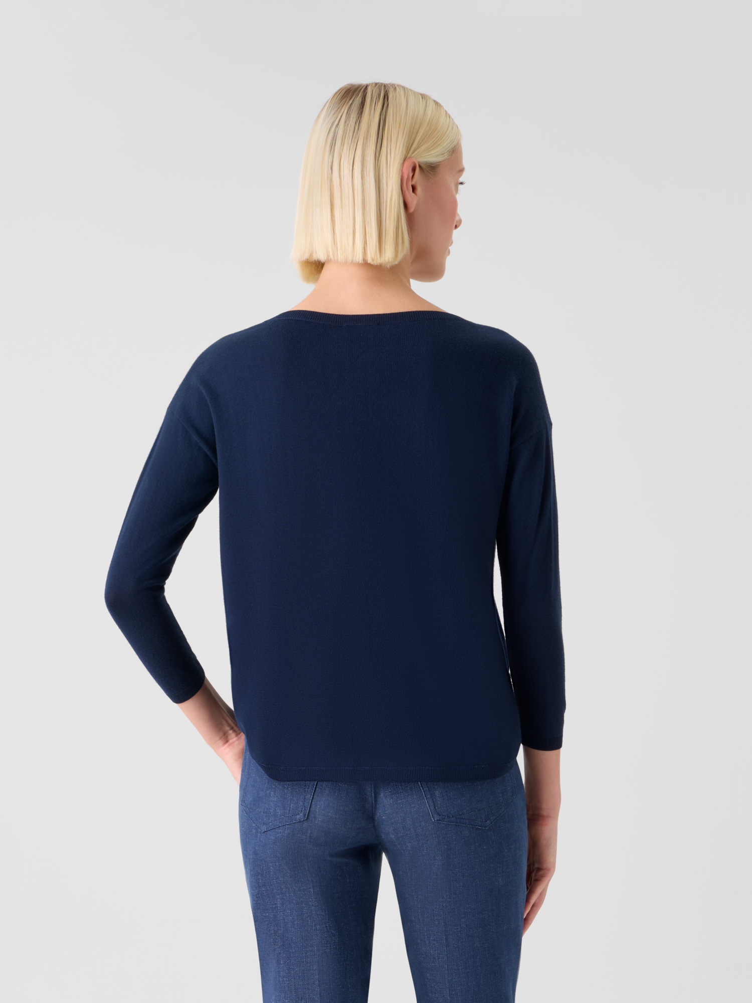 Designer Fine Merino Wool Signature Knit Sweater - navy - blue 