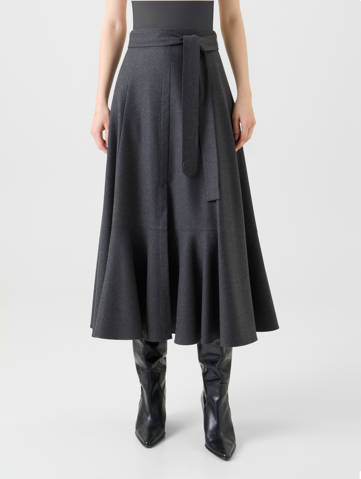 Designer Long Boho Wool Flannel Flared Skirt - neutral - grey #editorial