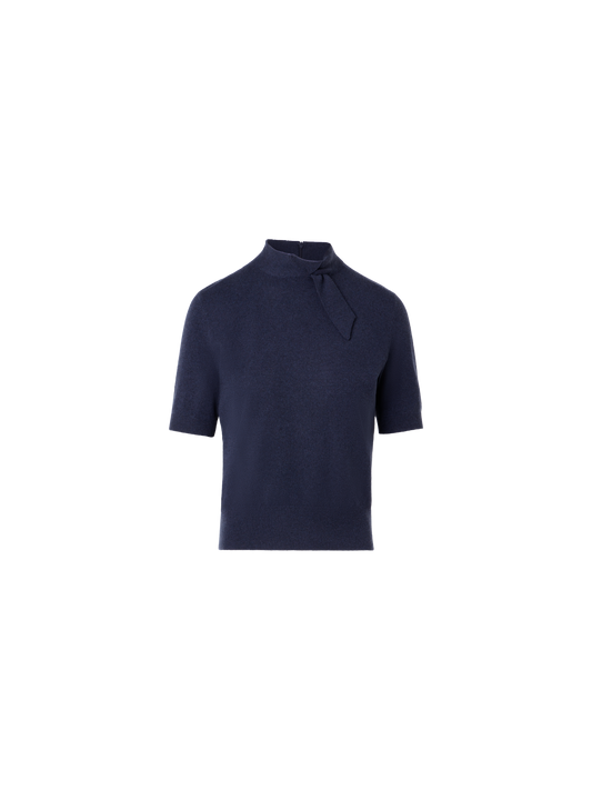 Designer Short Sleeve Cashmere Sweater with Knot Detail - navy