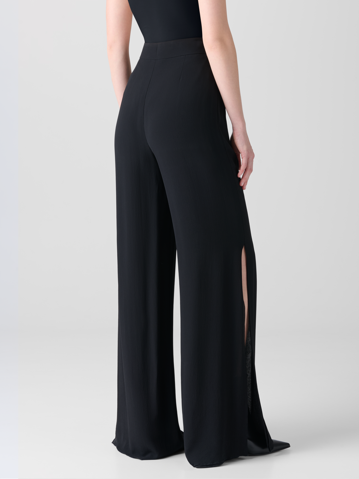 Designer Palazzo Silk Pants with Side Slits - black - neutral #editorial