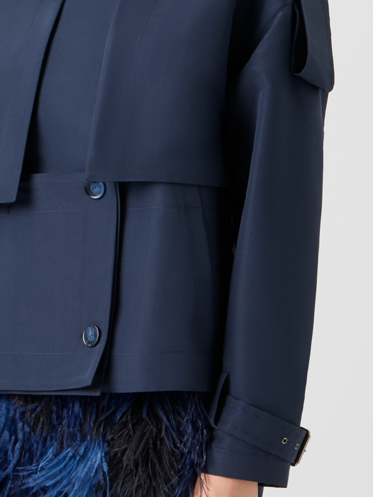 Designer Short Silk Trench Coat with Removable Bolero - neutral - navy - blue #editorial