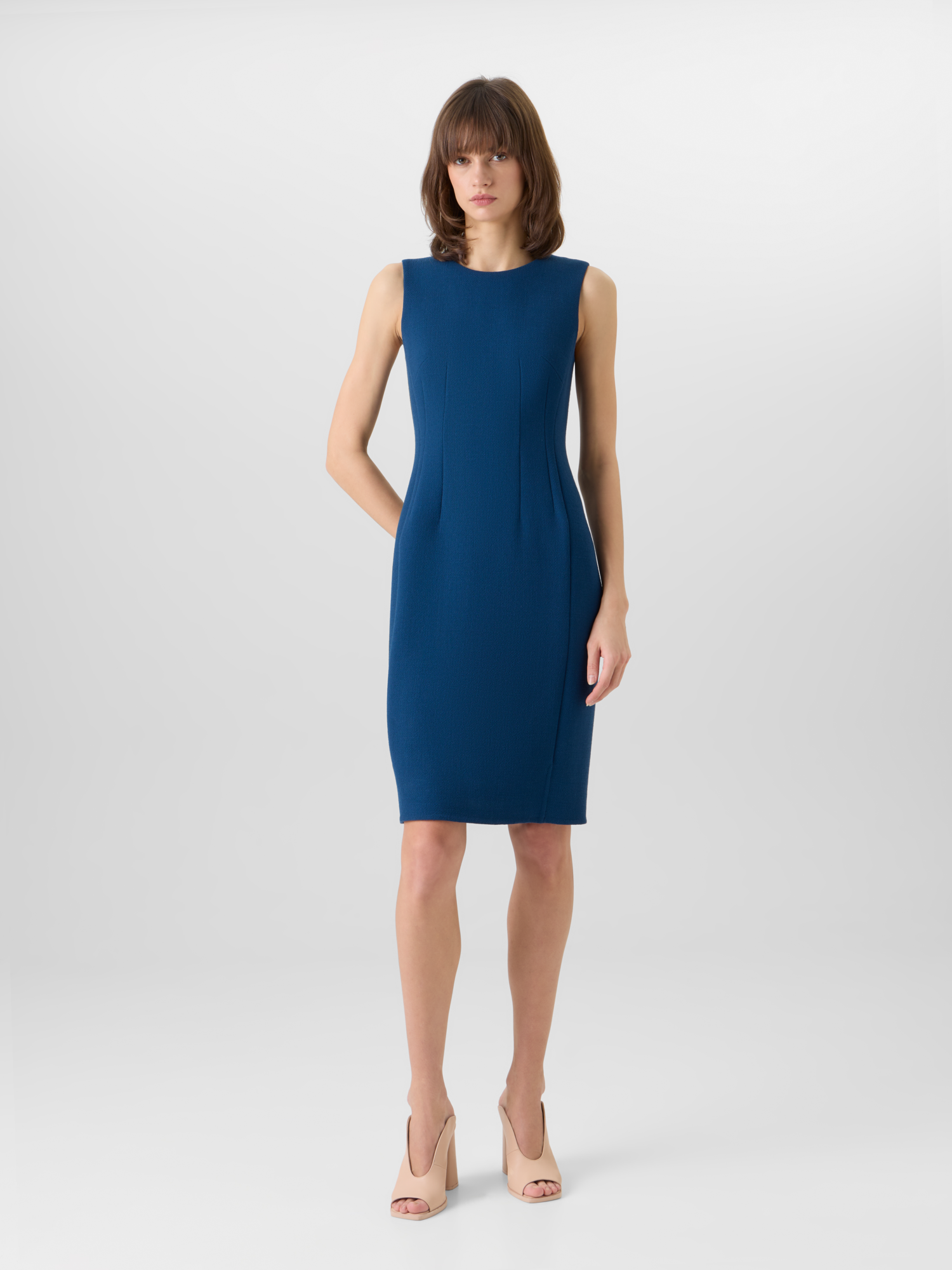 Designer Sleeveless Wool-Crêpe Double-Face Sheath Dress - blue 