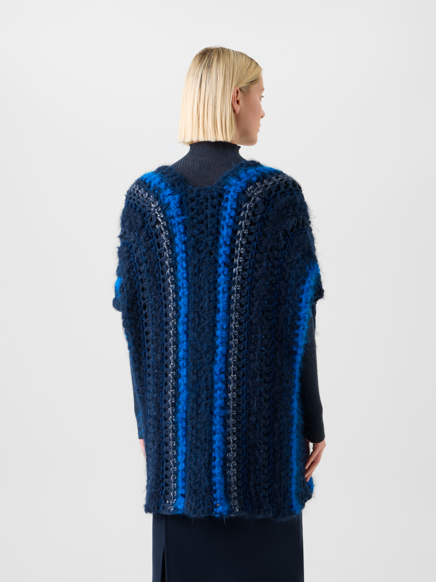 Designer Chunky Crocheted Cashmere Silk Striped Gilet - blue - multicolor 