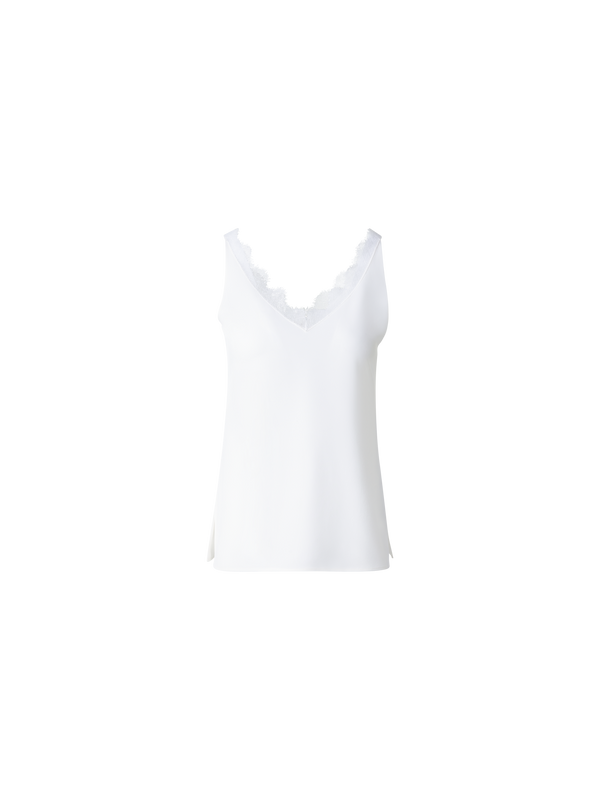 Designer Silk Crêpe V-Neck Top with Lace - ecru - white