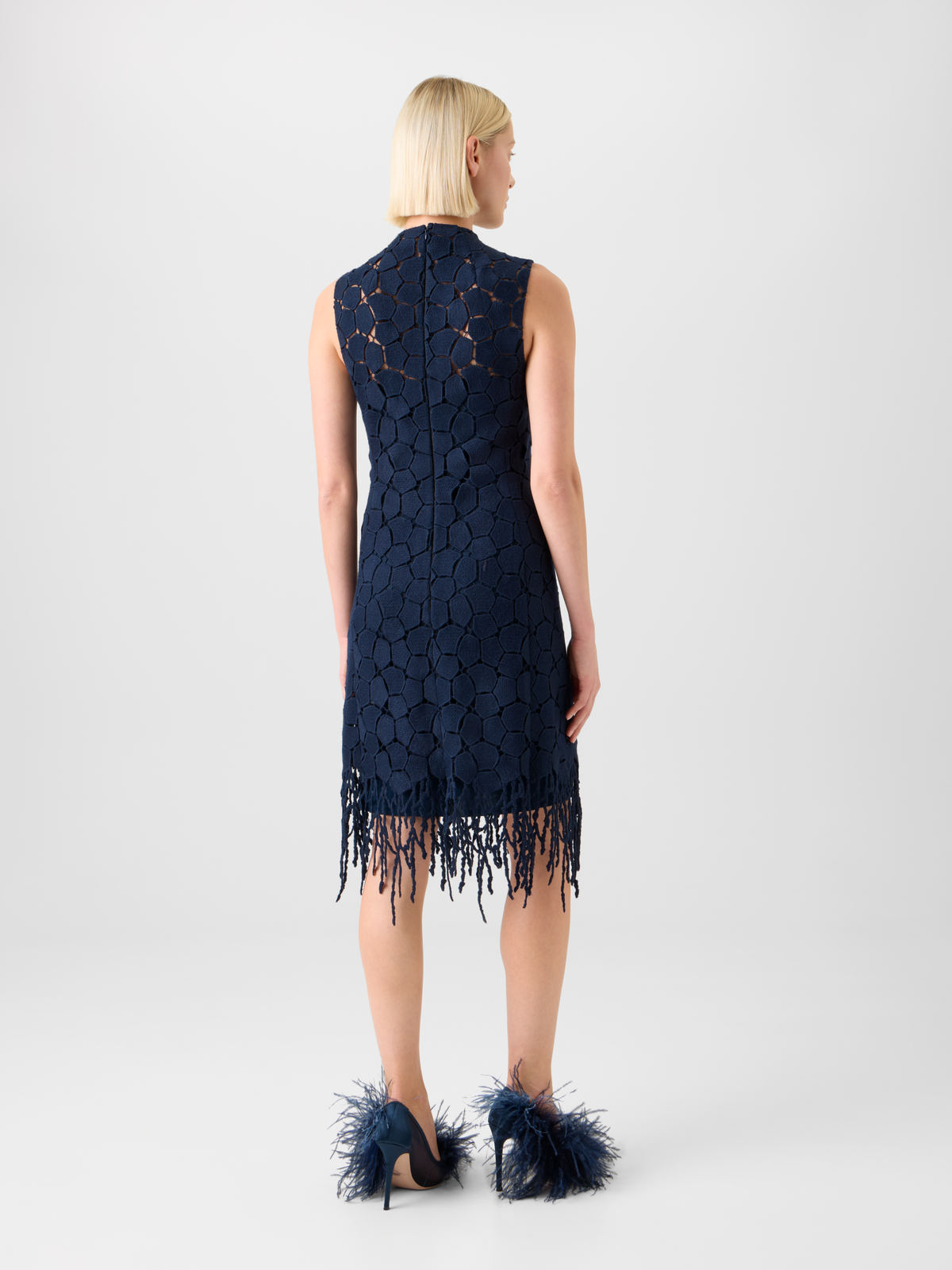 Designer Fringe Sheath Dress in Lapis Lazuli Embroidery - neutral - navy - blue #editorial