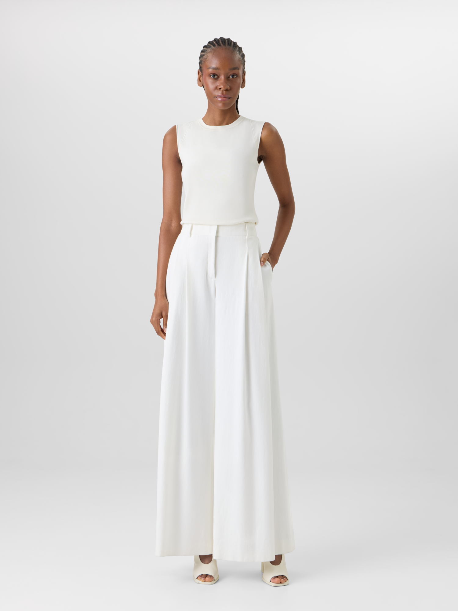 Designer Cassie Flared Wide-Leg Pants in Denim Stretch Cotton  - ecru - white 