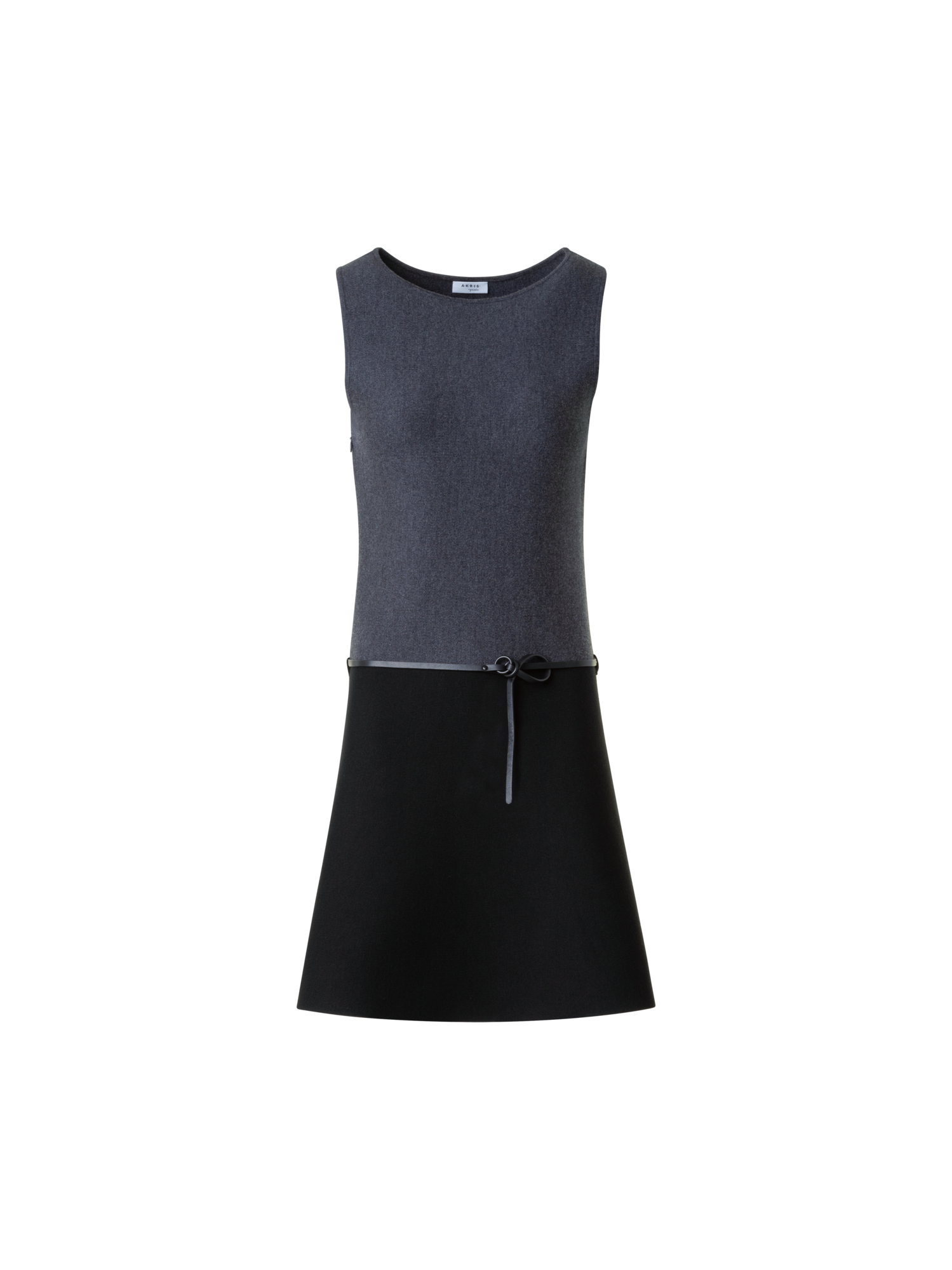 Designer A-Line Belted Milano Knit Mini Dress - black - neutral - grey - multicolor