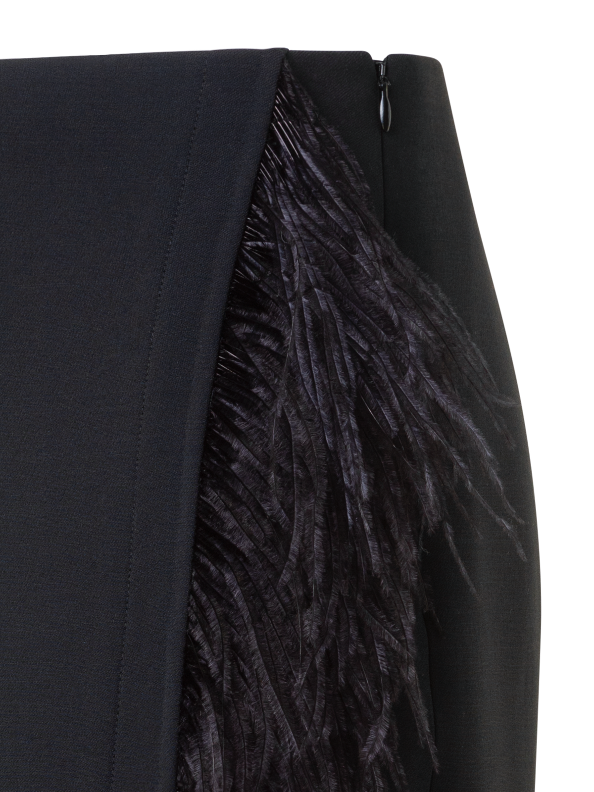 Designer Asymmetrical Wool Midi Skirt with Feather Trim - black - neutral