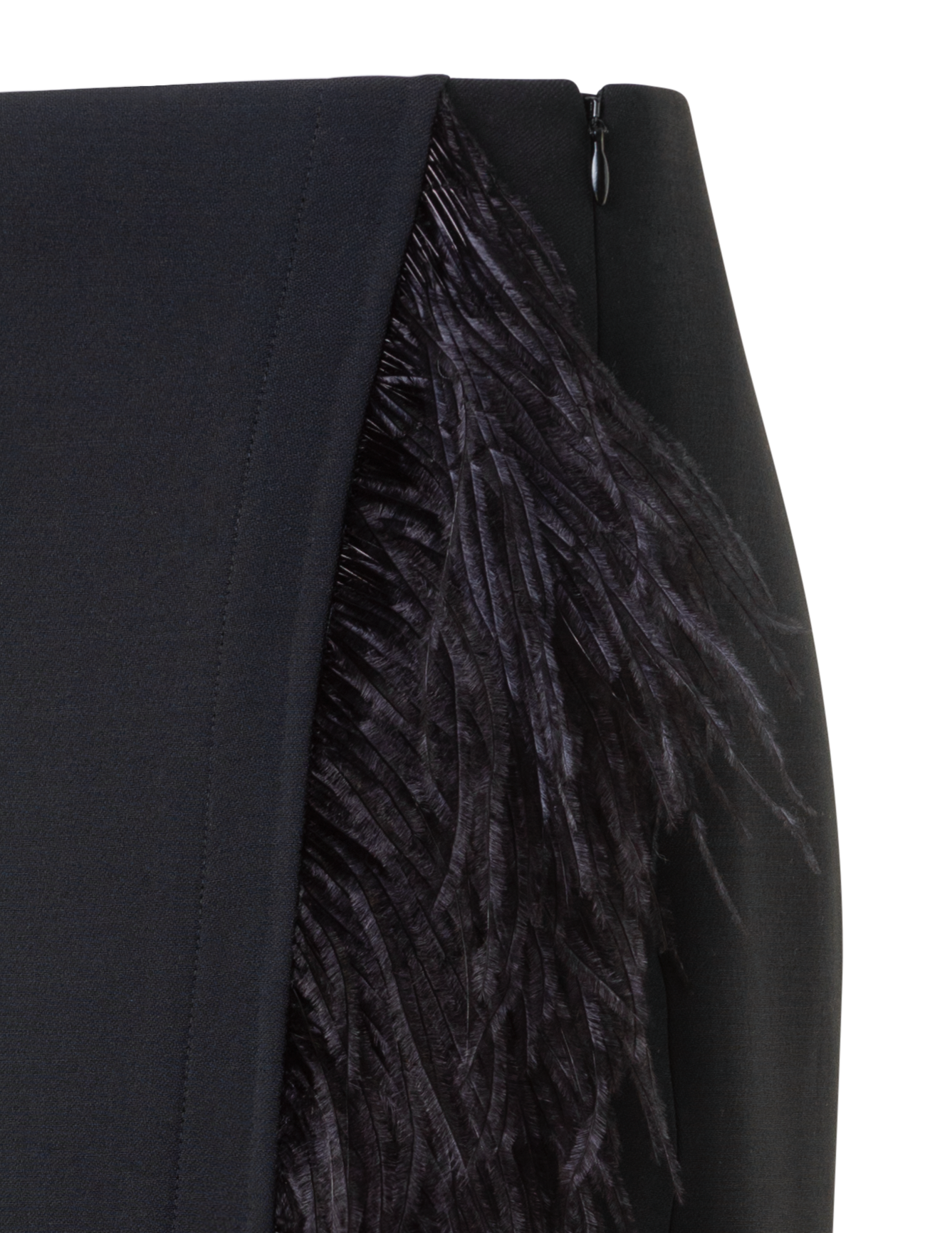 Designer Asymmetrical Wool Midi Skirt with Feather Trim - black - neutral