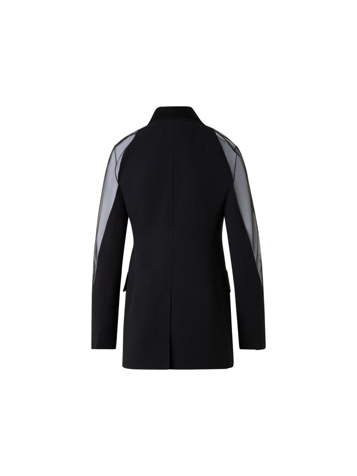 Designer Wool Satin Tuxedo Jacket with Sheer Shoulders