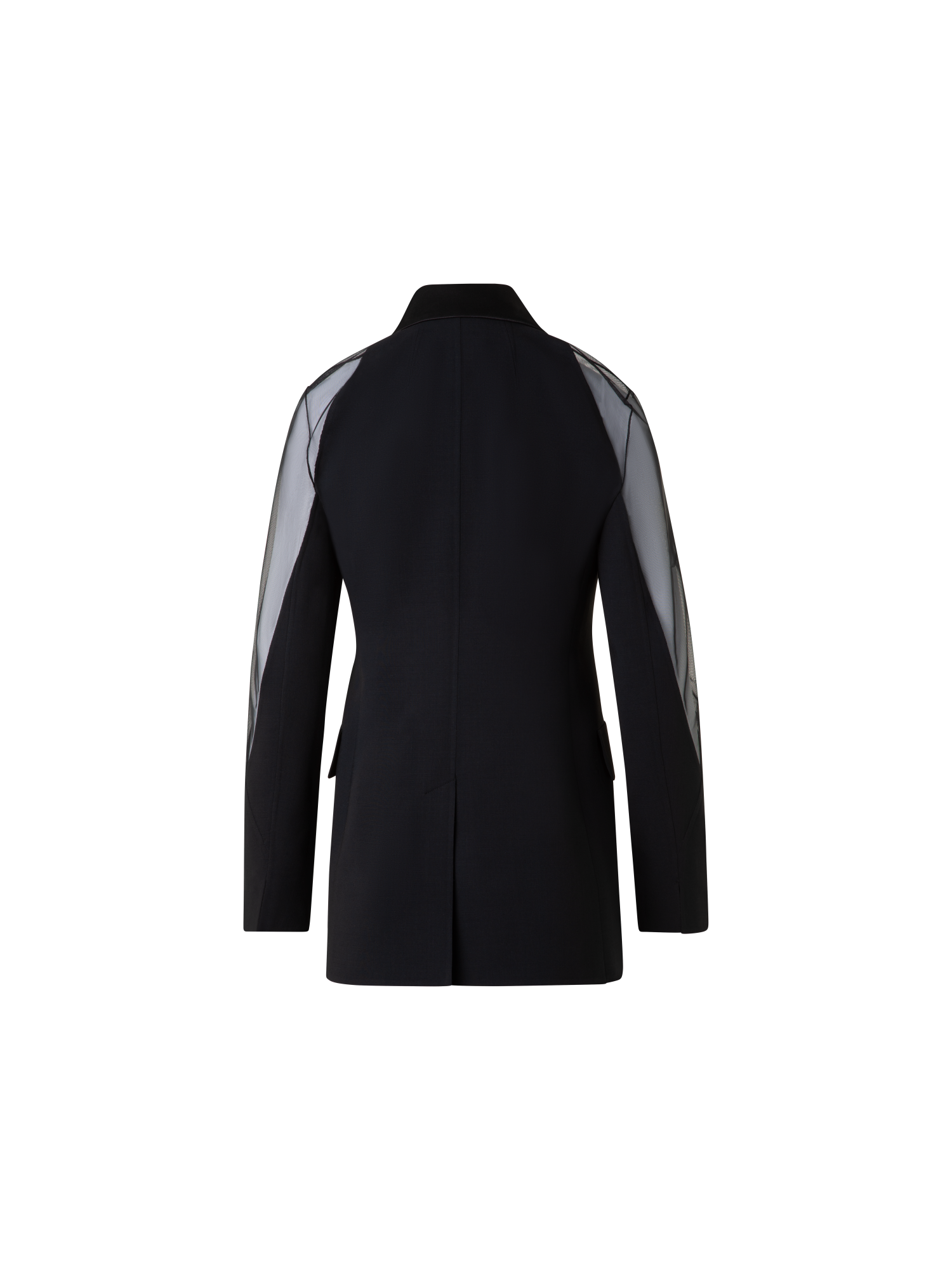 Designer Wool Satin Tuxedo Jacket with Sheer Shoulders