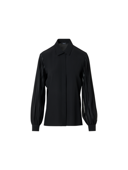 Designer Silk Blouse with Ribbon Sleeves - black - neutral