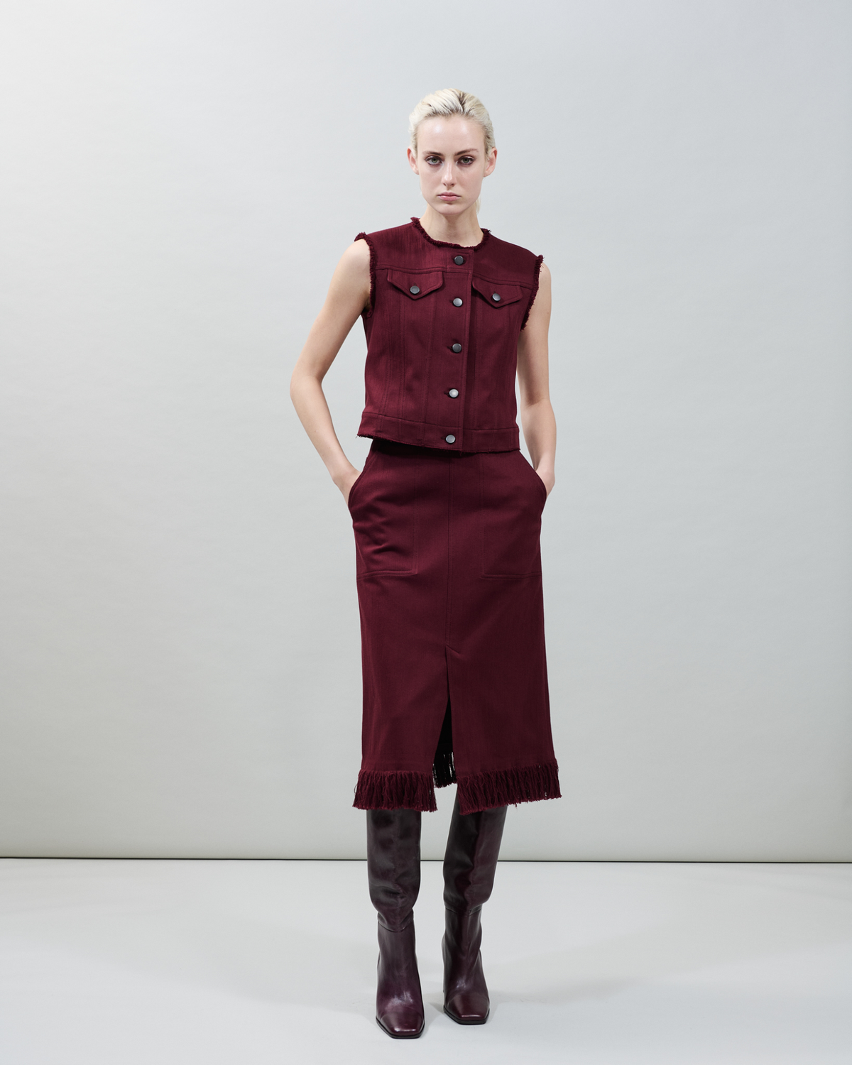 Designer Cotton Stretch Denim Gilet - purple - red #editorial