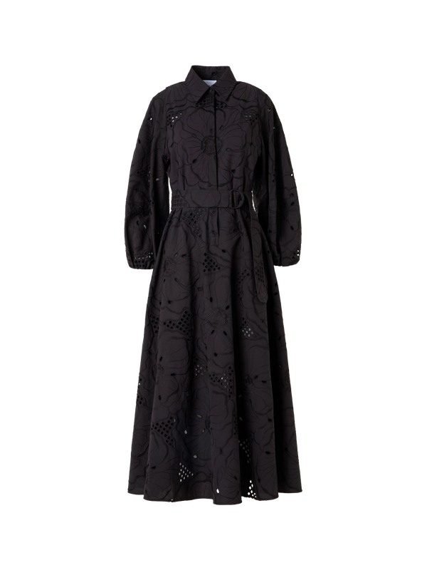 Designer Fit Flare Flower Eyelet Midi Dress - black
