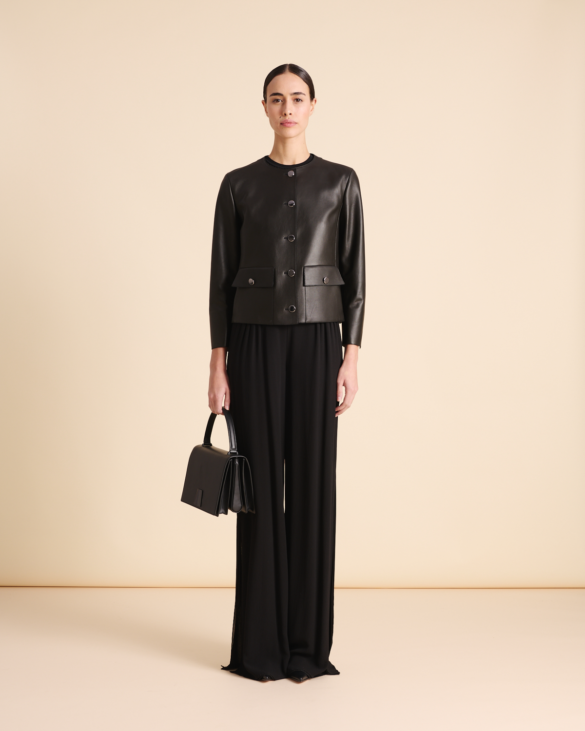 Designer Leather Jacket with Bracelet Sleeves - black - neutral #editorial