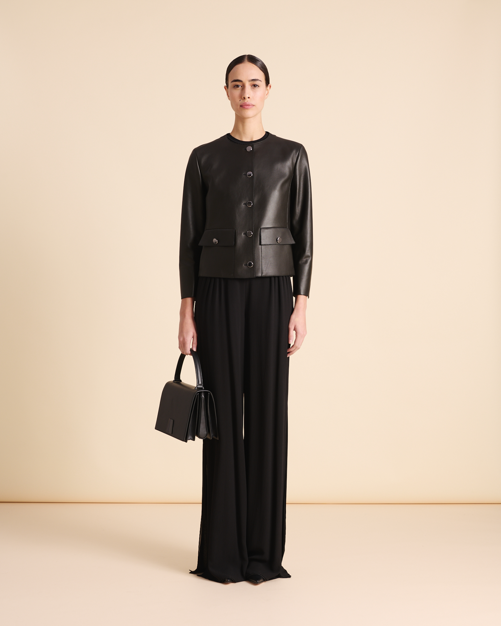 Designer Leather Jacket with Bracelet Sleeves - black - neutral 