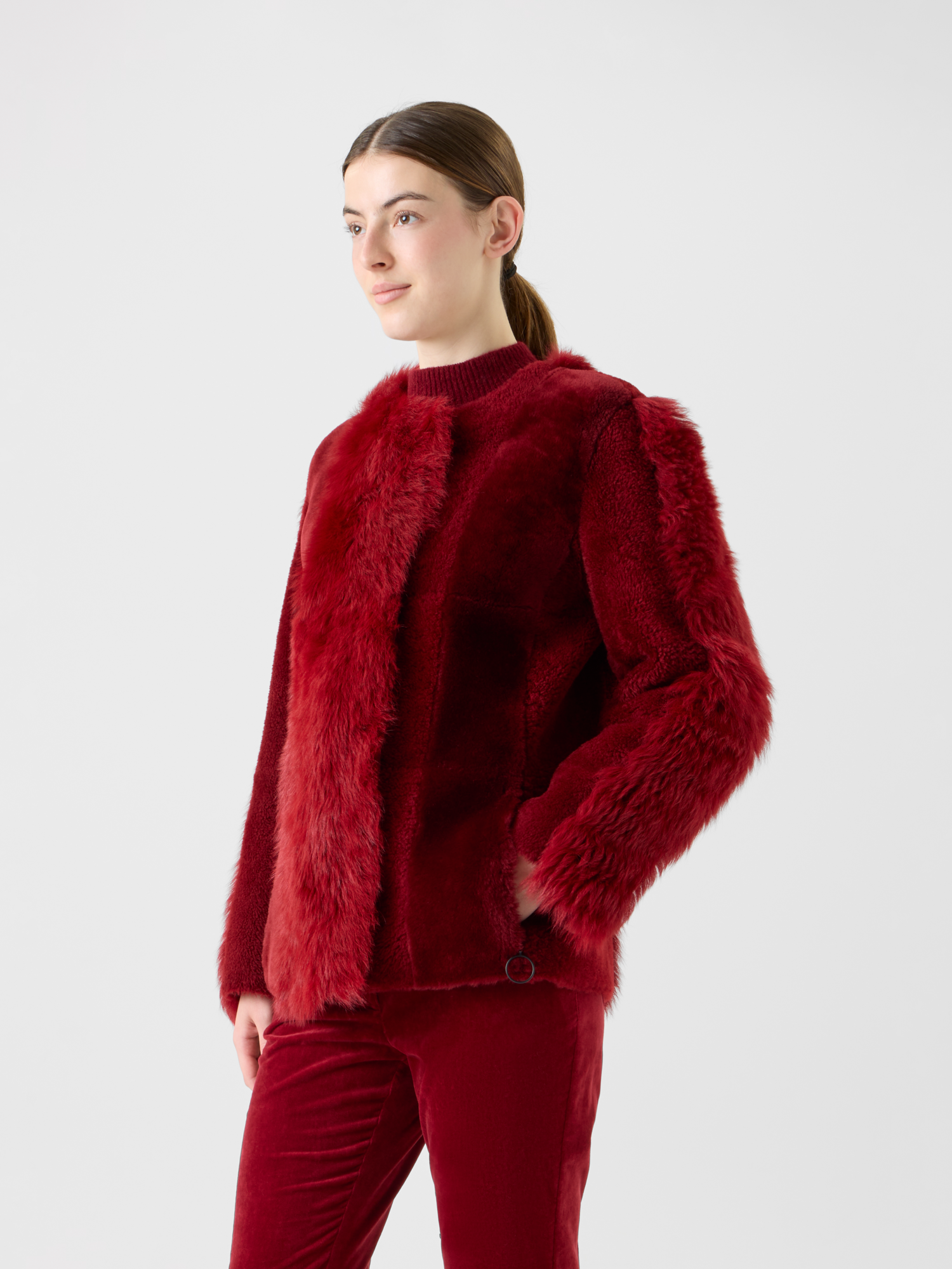 Designer Boxy Patchwork Shearling Short Coat - red 