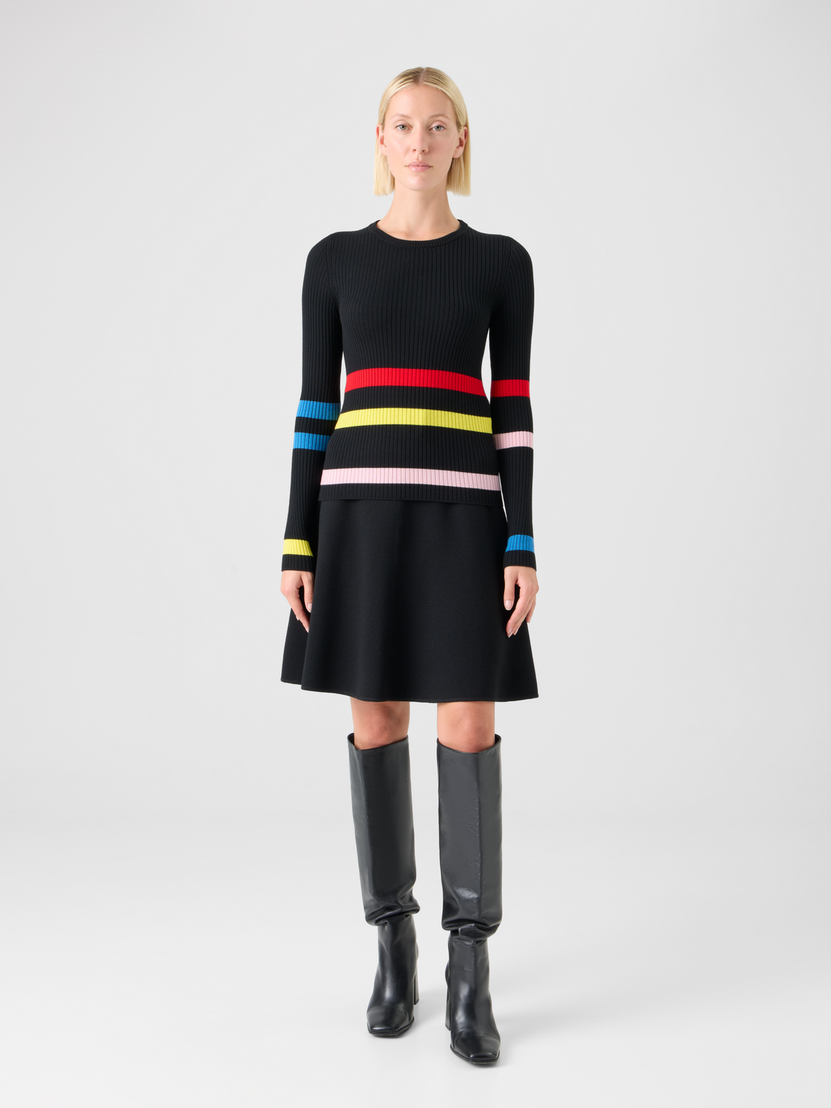 Designer Color-Block Stripe Ribbed Knit Sweater - black #editorial