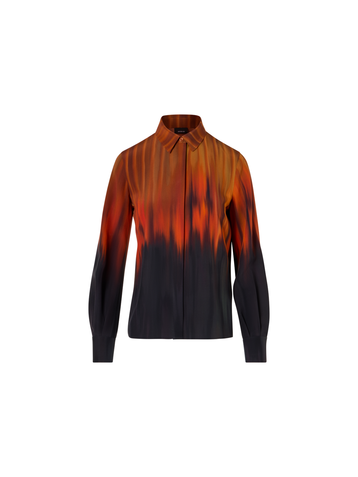 Designer Silk Blouse in Fuego Negro Print - black - red - multicolor - orange